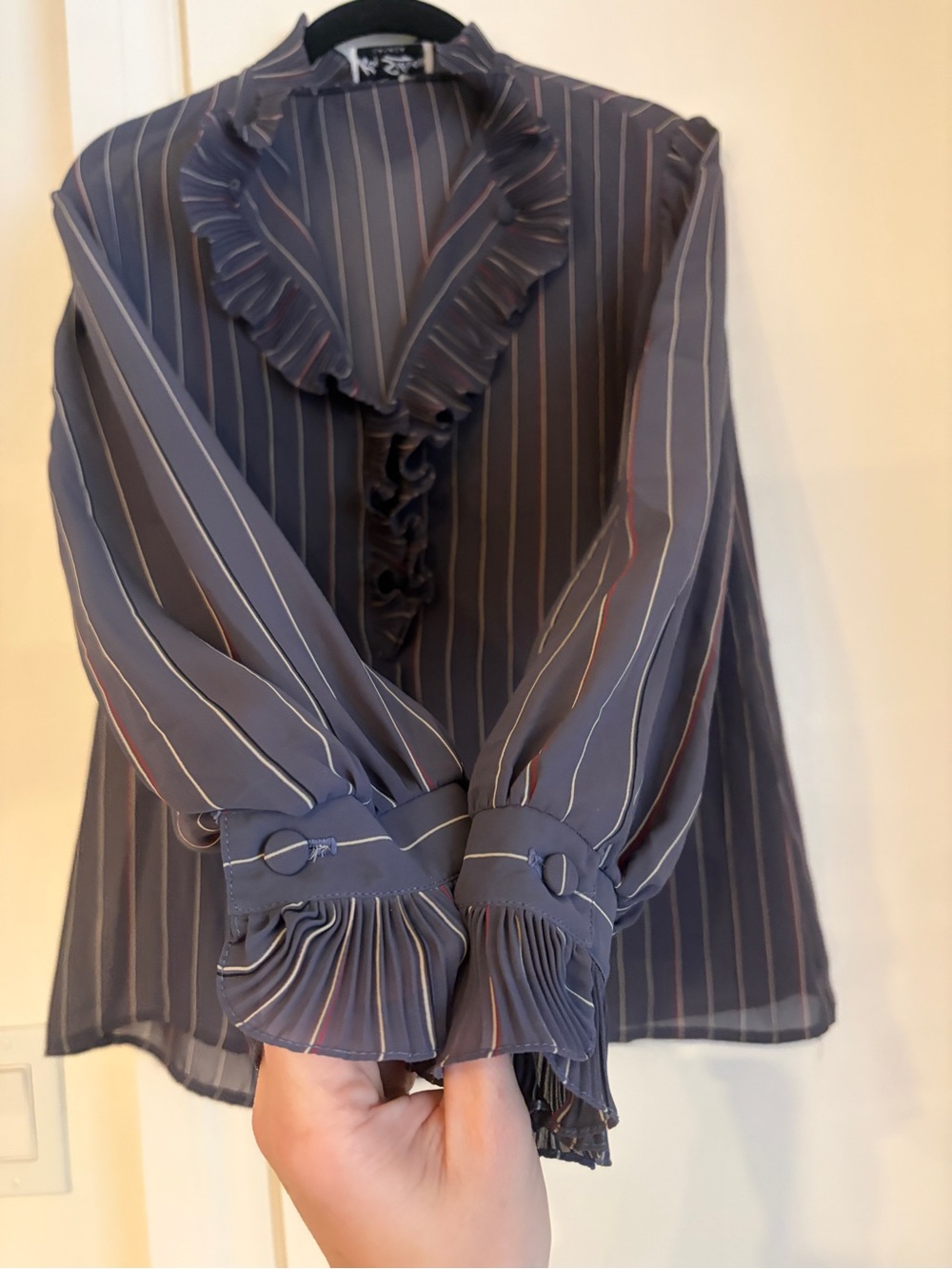 Vintage 70s Ruffle-Trim Navy Pinstripe Blouse - Picture 7 of 12